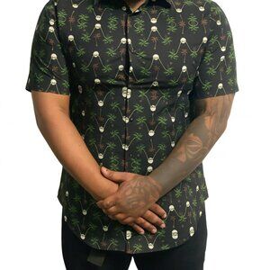 Men's Slim Fit Button Down Casual Skull & Palm Trees Print Dress Shirt